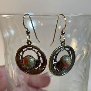 Art Deco two toned brass and copper Jasper stone drop earrings
